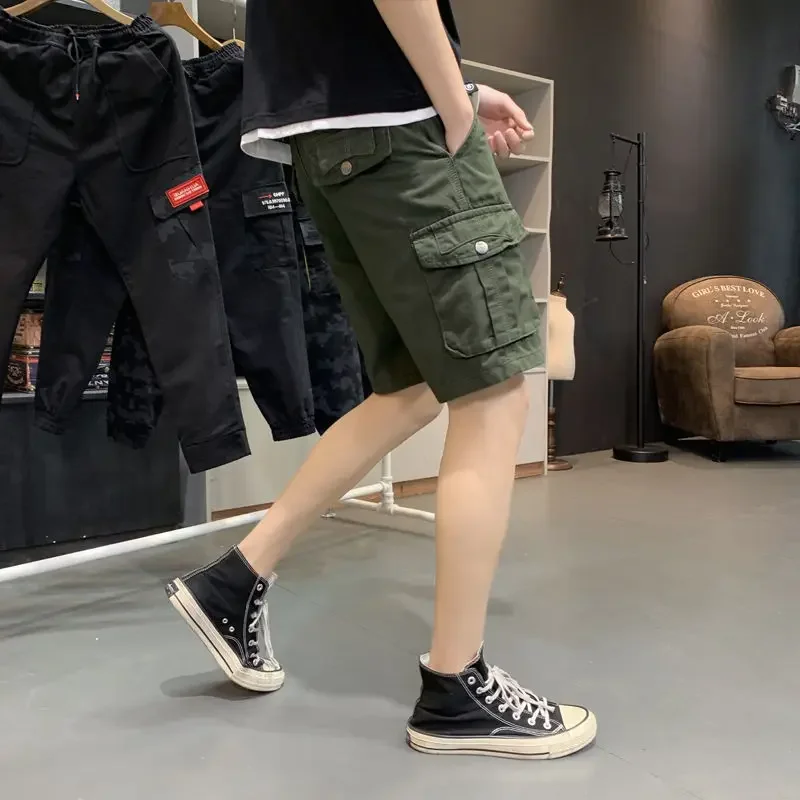 

Полуширокие длинные мужские шорты-карго, свободные короткие брюки для мужчин, мешковатые зеленые бермуды с карманами, однотонная элегантная одежда, мода 2023 г.