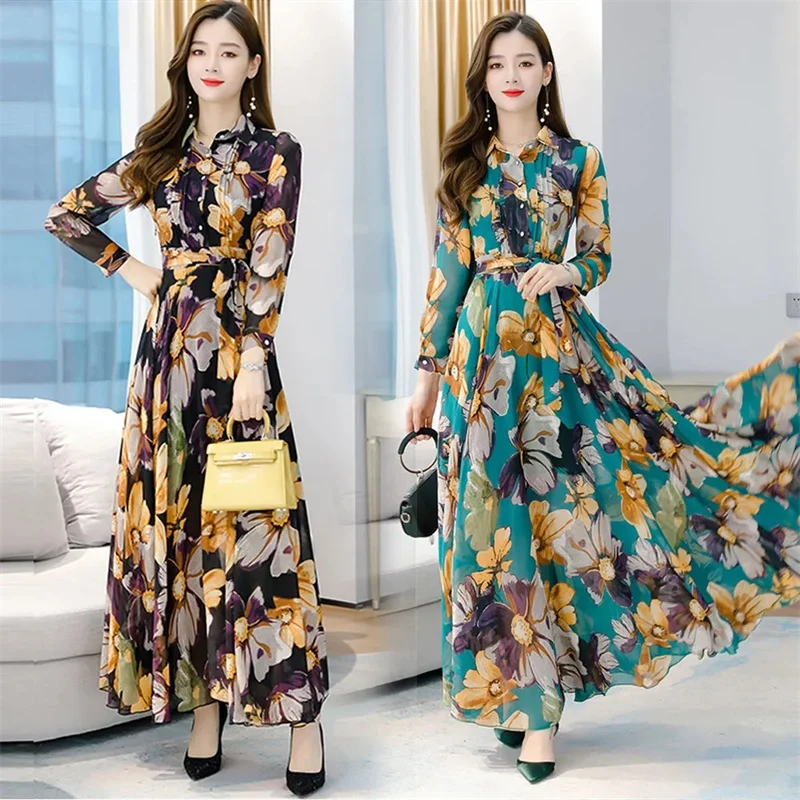 2025 Spring Long Sleeve Beach Maxi Dress Korean Fashion Chiffon Elegant Blue Tunics Casual Floral Evening Dresses For Women