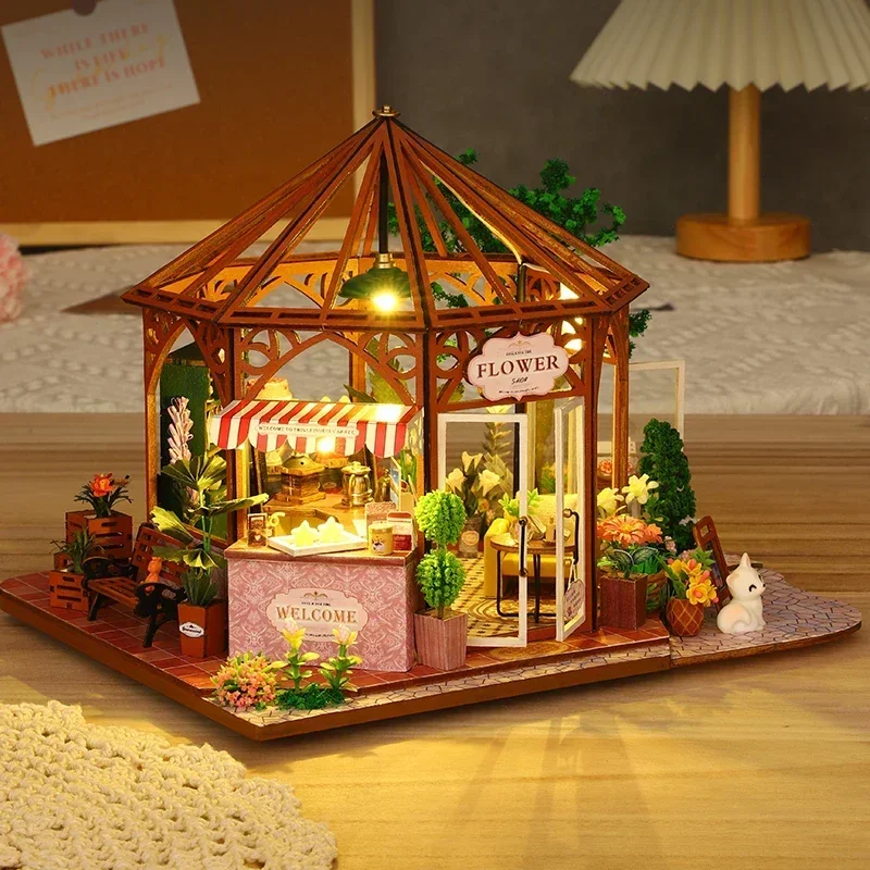 Flower Coffee Casa Miniature DIY Wooden Doll House Building Kits Dollhouse With Furniture Lights Villa for Girls Birthday Gifts