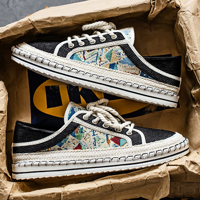 

Холщовая обувь в этническом стиле, мужская летняя дышащая обувь для шитья в рыбацком стиле, мужская обувь для скейтборда с низким вырезом на шнуровке, мужские эспадрильи