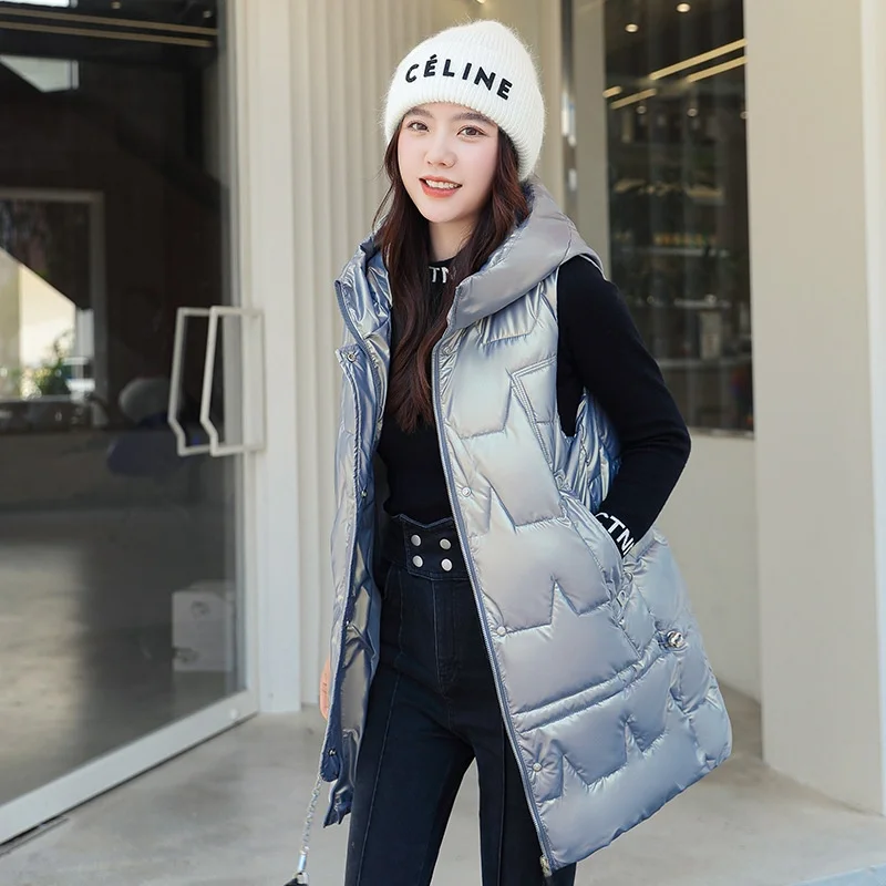 

Женский хлопковый жилет Thiened 2025, зимний теплый ветрозащитный длинный свободный жилет с капюшоном без талии, яркая поверхность, материал Fce-Like