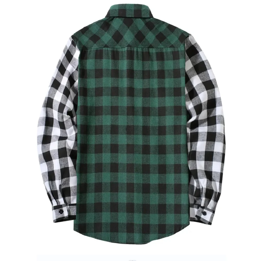 2024 New men's 3 color button regular casual plaid shirt long sleeve chest double pocket design fashion button stitching shirts