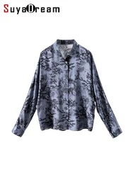 SuyaDream, Woman Printed Shirts, 19.5mm Real Silk, Raglan Sleeved, Chic Blouses, 2024 Spring Summer Office Lady Top