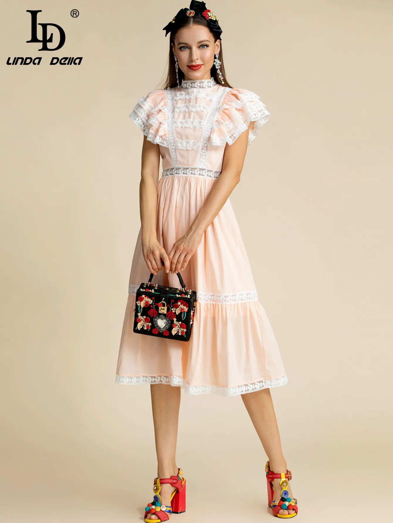 

LD LINDA DELLA Fashion Designer Summer Dress Butterfly Sleeve Ruffles Lace Flower Embroidery Pink Elegant Party Midi Dress