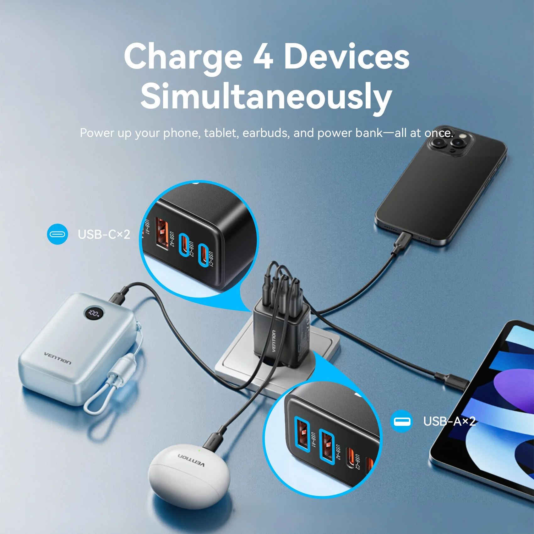 Ładowarka Vention 30W GaN PD QC 3.0 USB C do iPhone 17 16 15 Pro Xiaomi Tablet iPad Air, dwuportowa ładowarka do telefonu 50W MAX — zdjęcie produktu 6
