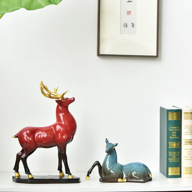 Large Ceramic Plum Blossom Deer Ornaments New Chinese Style for Living Room Entryway Wine Cabinet Office Decor Gifts