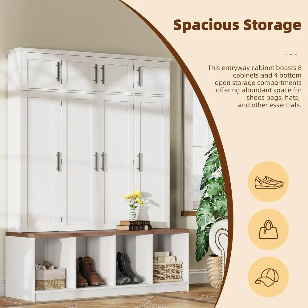 75 High Walnut Storage Bench with Shoe Cabinet and 8 Doors, Mudroom Coat Rack with 4 Hidden Hooks, White image 5