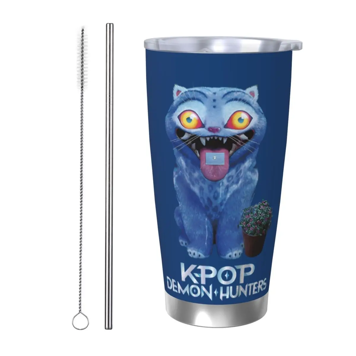 Vaso aislado Derpy Blue Tiger con tapa de pajitas KPop Demon Hunters, tazas de café de acero inoxidable, tazas termo para botellas, 20oz