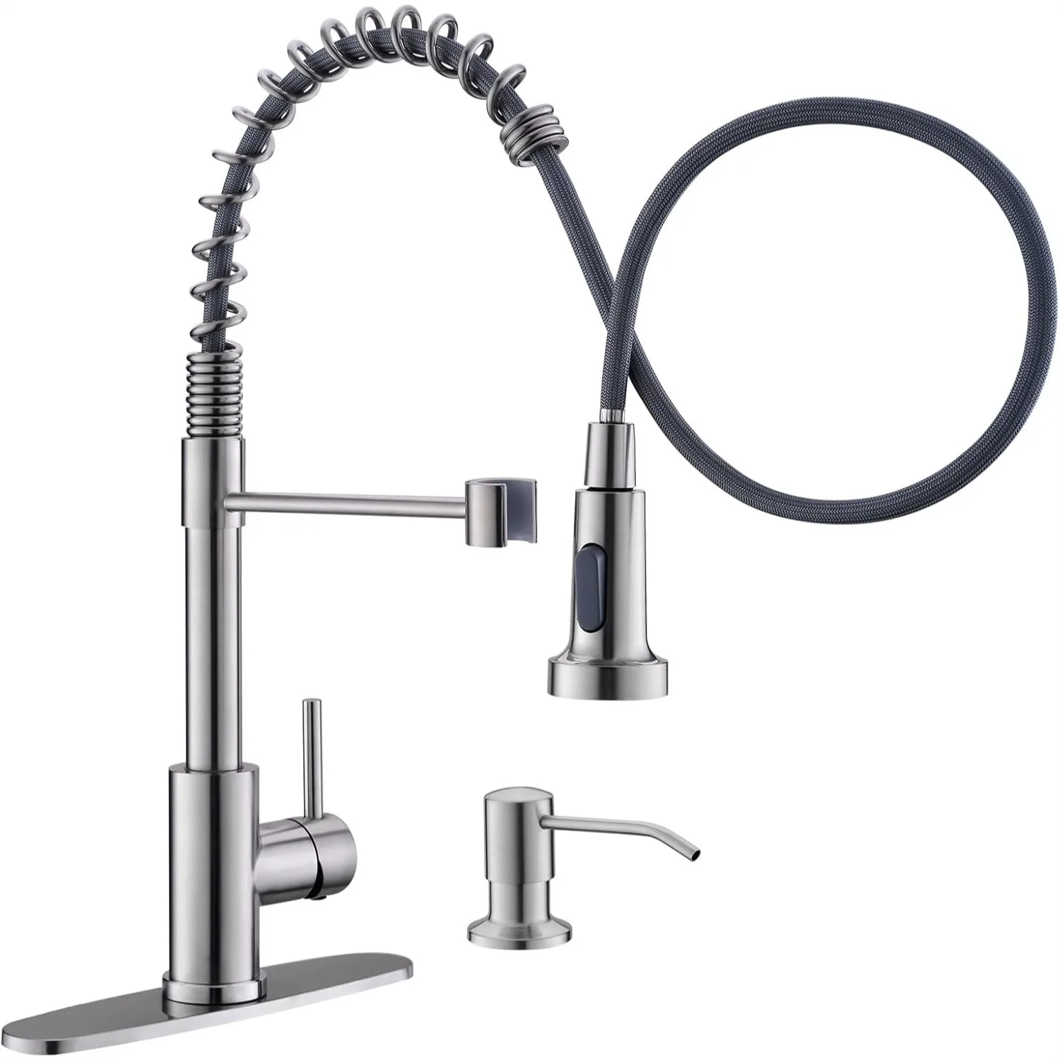 

Kitchen Faucet with Soap Dispenser, Commercial Single Handle Spring Brushed Nickel Pull Out Sink Faucet with Pull Down Sprayer