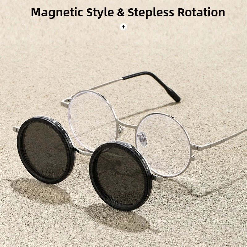 New Magnetic Lens ND9 Adjustable Rotating Dimming Sunglasses Polarized Myopia Vintage Round Glasses Frame UV Unisex Filter Gafas
