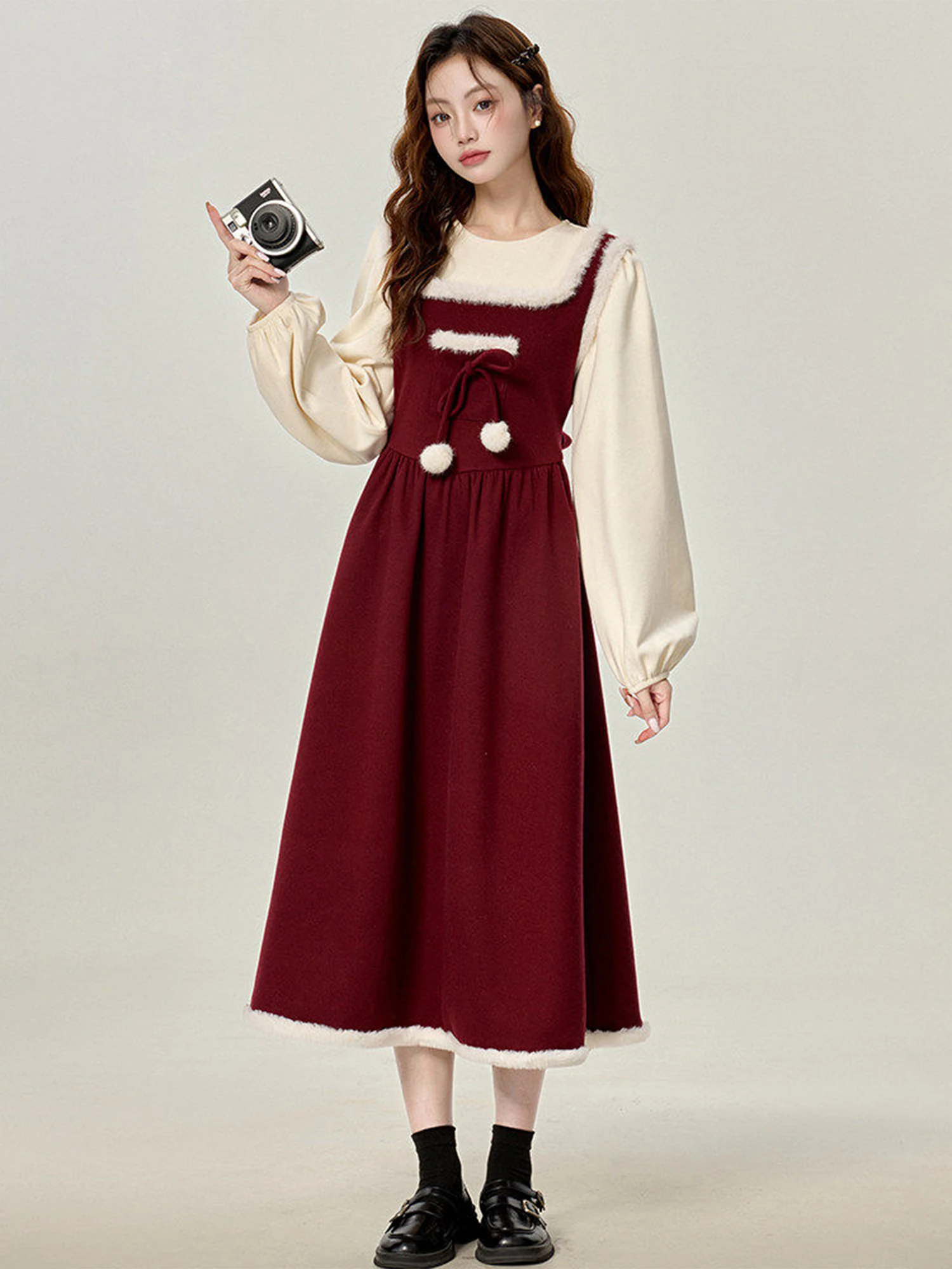 

Красное новогоднее женское платье-трапеция с эффектом двухслойности, длинными рукавами, лентой на талии, из смесового хлопка и полиэстера, с принтом лотоса, зимнее