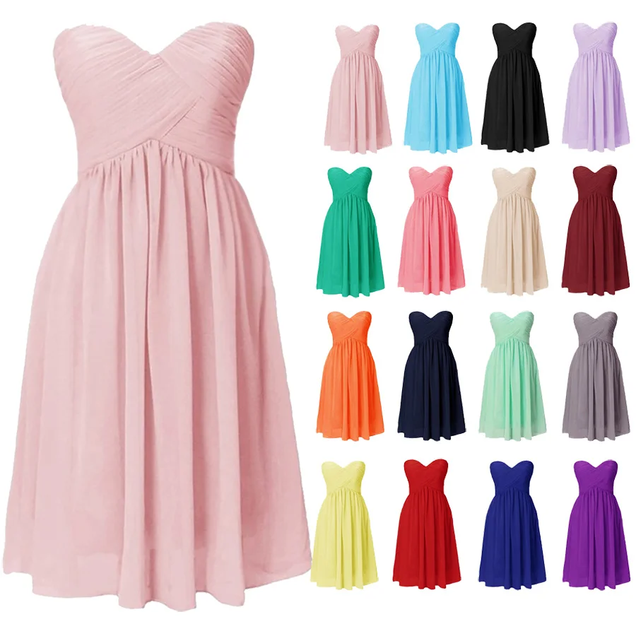 Short Chiffon Strapless Pleat Elegant Bridesmaid Dresses Wedding Party Formal Prom Evening Cocktail Homecoming Lace Up Back