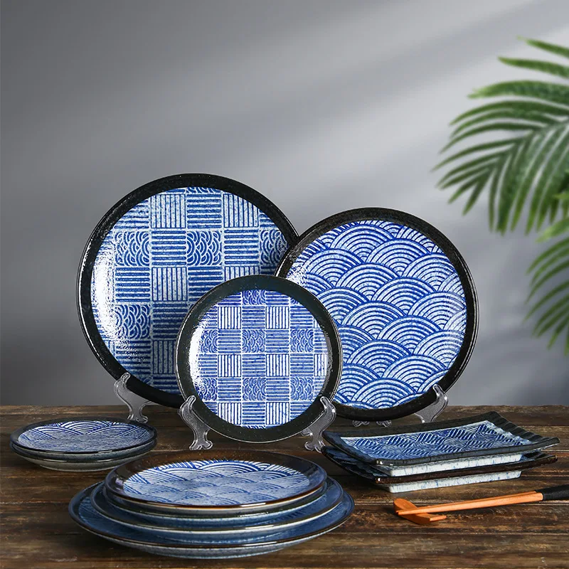 Japanese Blue And White Wave Pattern Tableware Ceramic Dinner Plate Household Flat Plate Sushi Plate Breakfast Plate