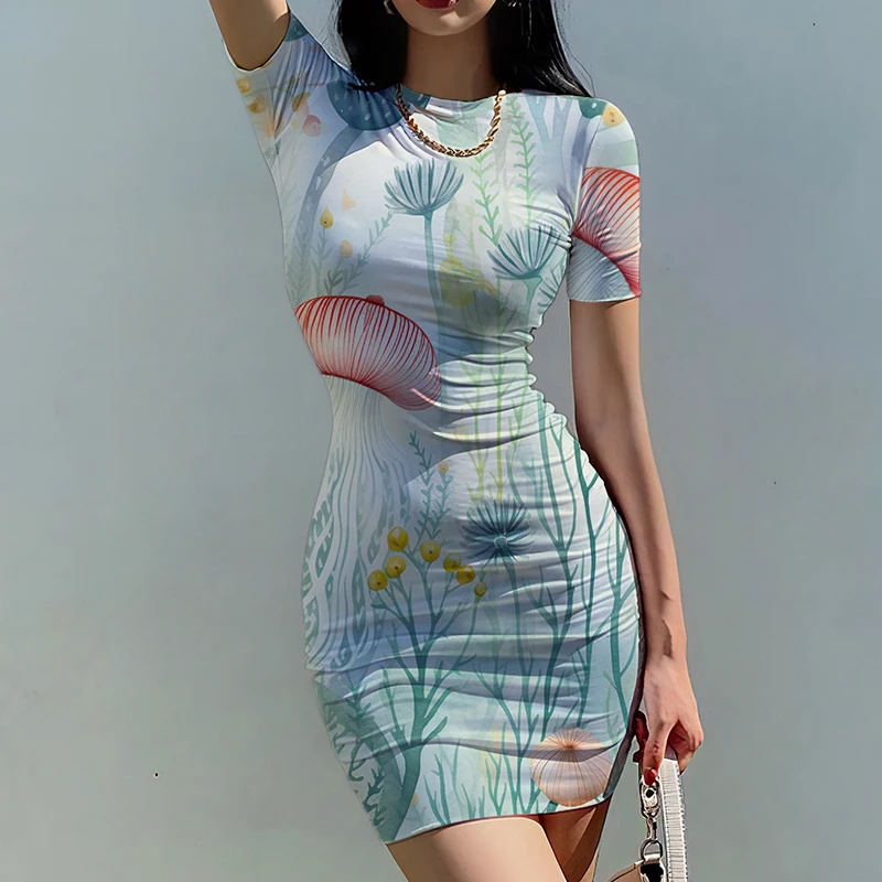 Summer new lady slim dress sea bottom jellyfish 3D printed lady dress beautiful lady slim dress trend fashion lady slim dress