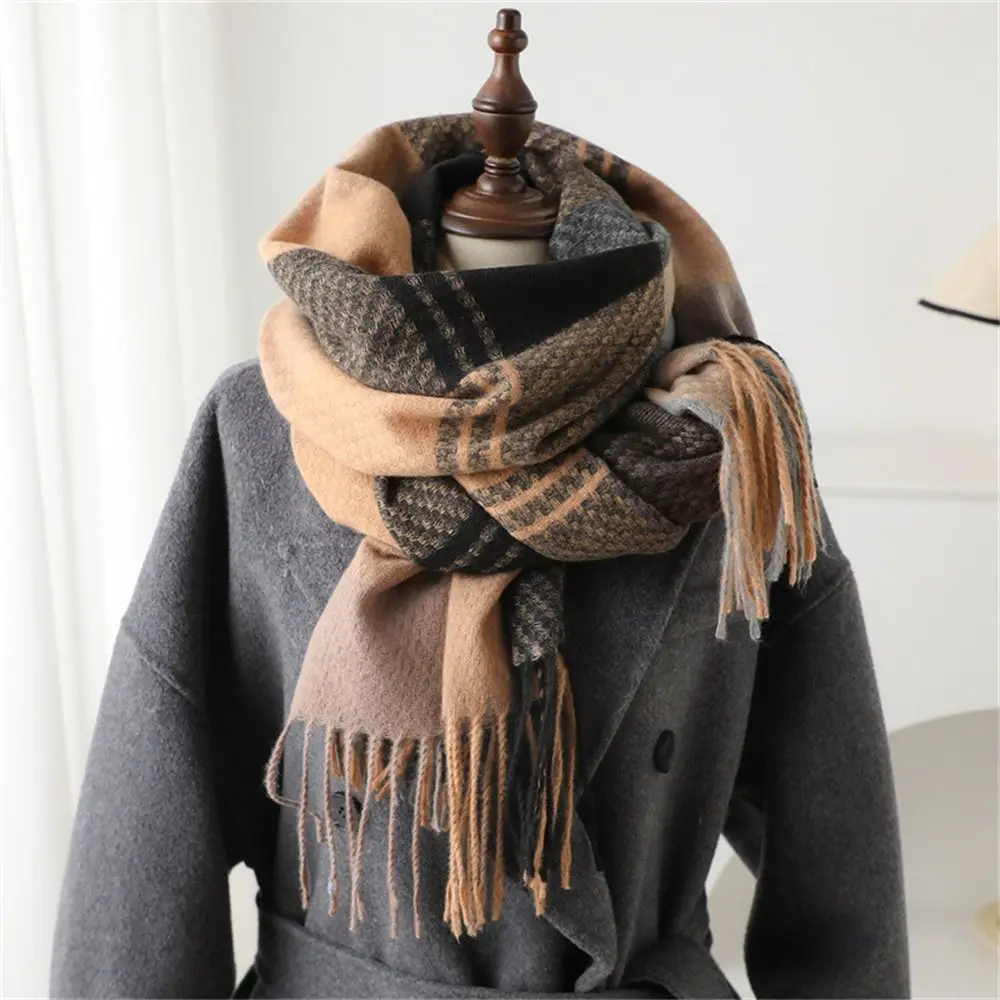 Fashion Winter Warm Tassel Plaid Scarfs Cashmere Imitation Nordic Style Shawl Wrap Solid Scarves for Women