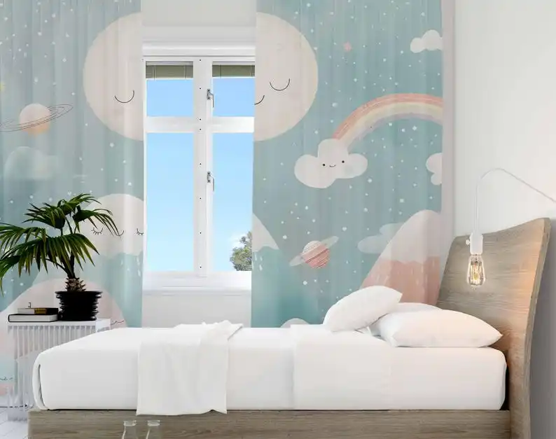 Mountain Rainbow Baby Nursery Curtains Cloud Moon Kids Bedroom Blackout Nursery Decor Baby Room Curtains Playroom