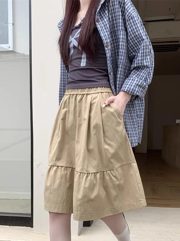 Kaki A-lijn rok Pure kleur ket Design College Sle Lente nieuwe collectie Casual studentenvriendelijke rok met hoge taille