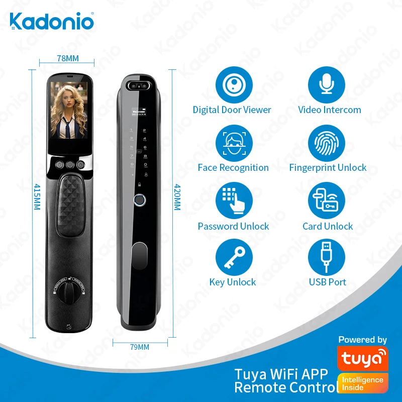 Kadonio Manufacturer Prices Face Smart Lock with Tuya Wifi Security Biometric Fingerprint Fully Automatic Smart Door Lock