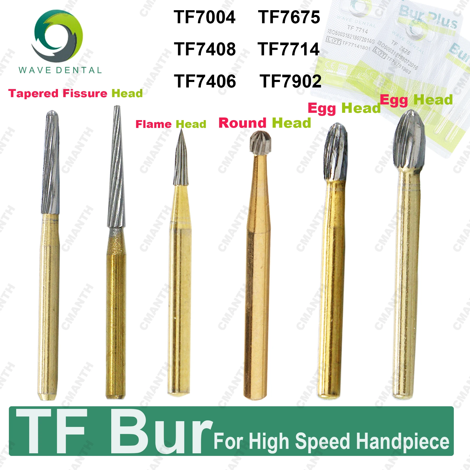 

WAVE Burs Dental Tungsten Carbide Burs TF Tapered Fissure Head Gold Plated Trimming Finishing For High Speed Handpiece 12 Blades