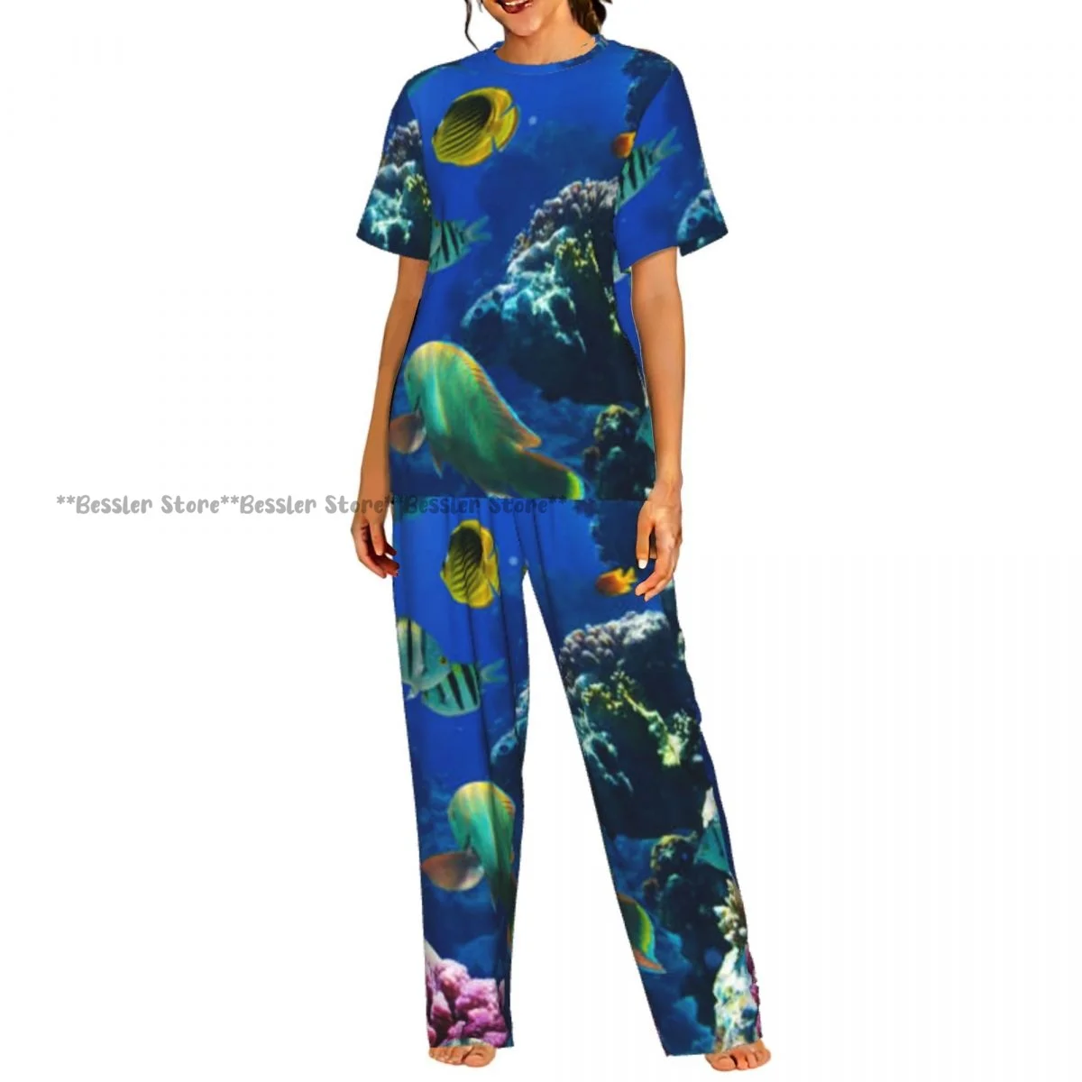

Женская комфортная пижама с коротким рукавом и принтом тропических рыбок, комплект для сна
