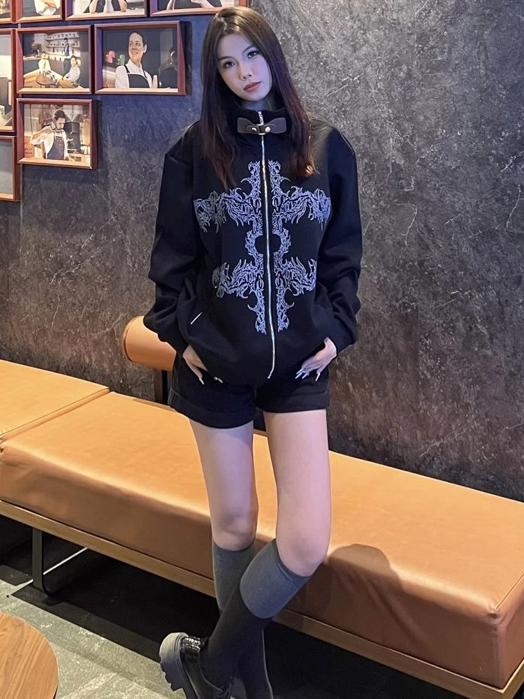 

Y2k Punk Style Long Sleeve Jacket Women Casual Streetwear Print Subculture Coat Stand Collar American Vintage 2025 Autumn