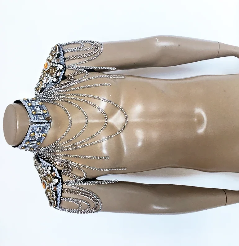 

gogo boy stage party bar accessorie Prince shoulder wear sexy men model catwalk Super flash diamond metal tassel shoulder dress