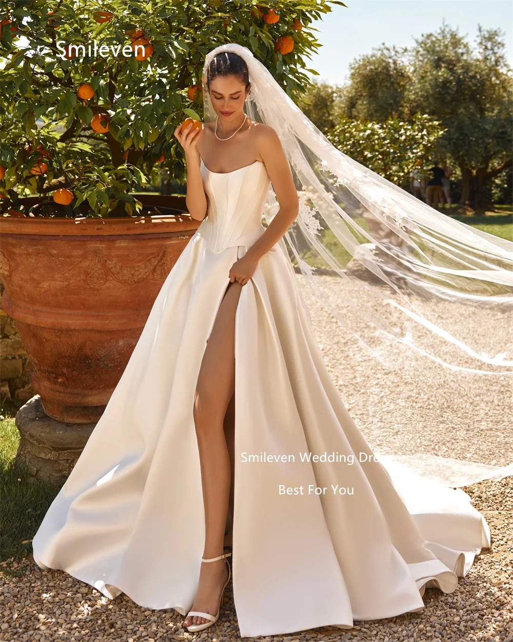 Smileven Ivory Satin A‑Line wedding Dresses Strapless Sweetheart Sleeveless Bridal Dress High Slit Lace‑Up Back Gowns Customized