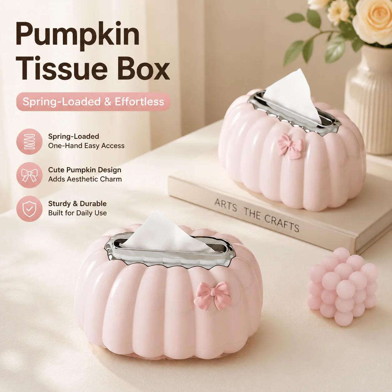 Pumpkin Spring-Loaded Tissue Box, Flocked Cream Aesthetic Tissue Holder for Living Room, Bedroom & Office, Cute Functional Decor