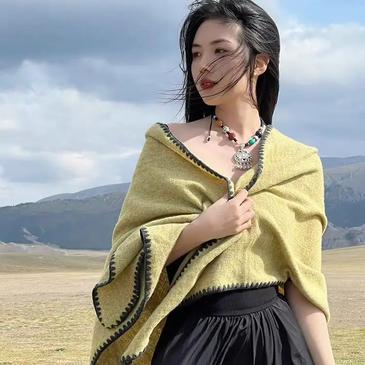 Autumn and Winter Double-sided Ethnic Style Shawl with Split Design Travel Photography Warm and Thick Cloak Cold Protection
