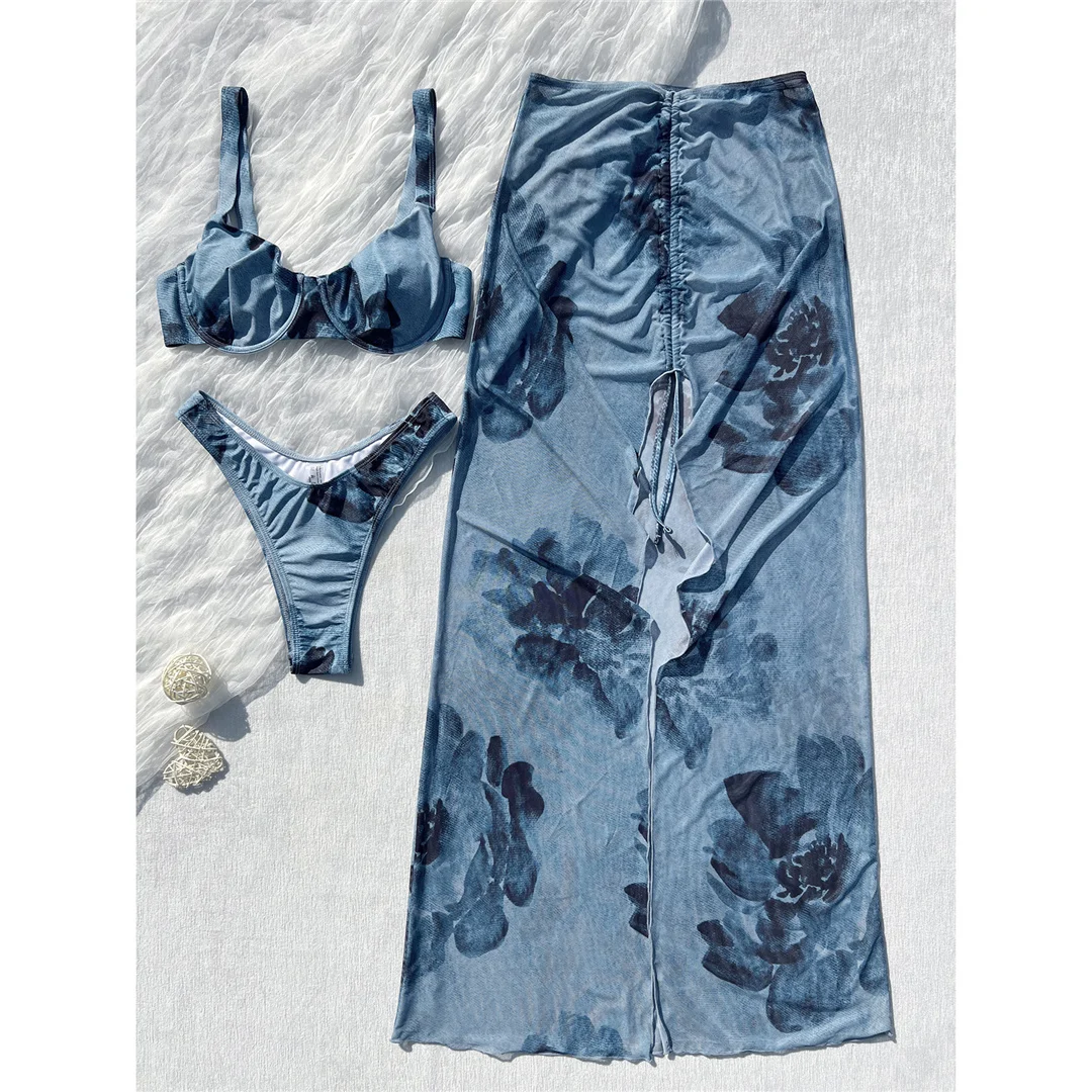 3-teiliger bedruckter Bikini mit Rock, Bügel-Bikini, Damen-Badeanzug, Damen-Bademode, dreiteiliges Bikini-Set, Badeanzug, Badebekleidung, Schwimmbekleidung V7078 – Detail 10