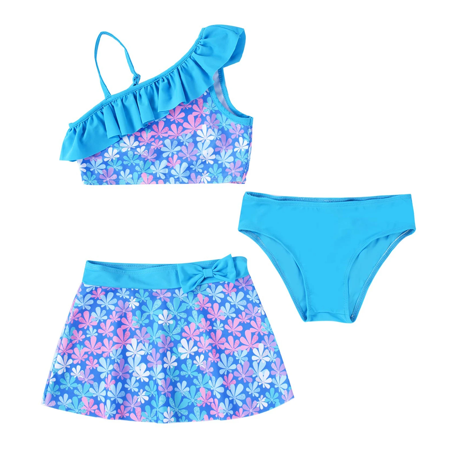 Kids Girls 3 Pieces Tankini Swimsuit Ruffles One Shoulder Crop Tops with Bottom Skirt Summer Beach Sport Swimwear Bathing Suit