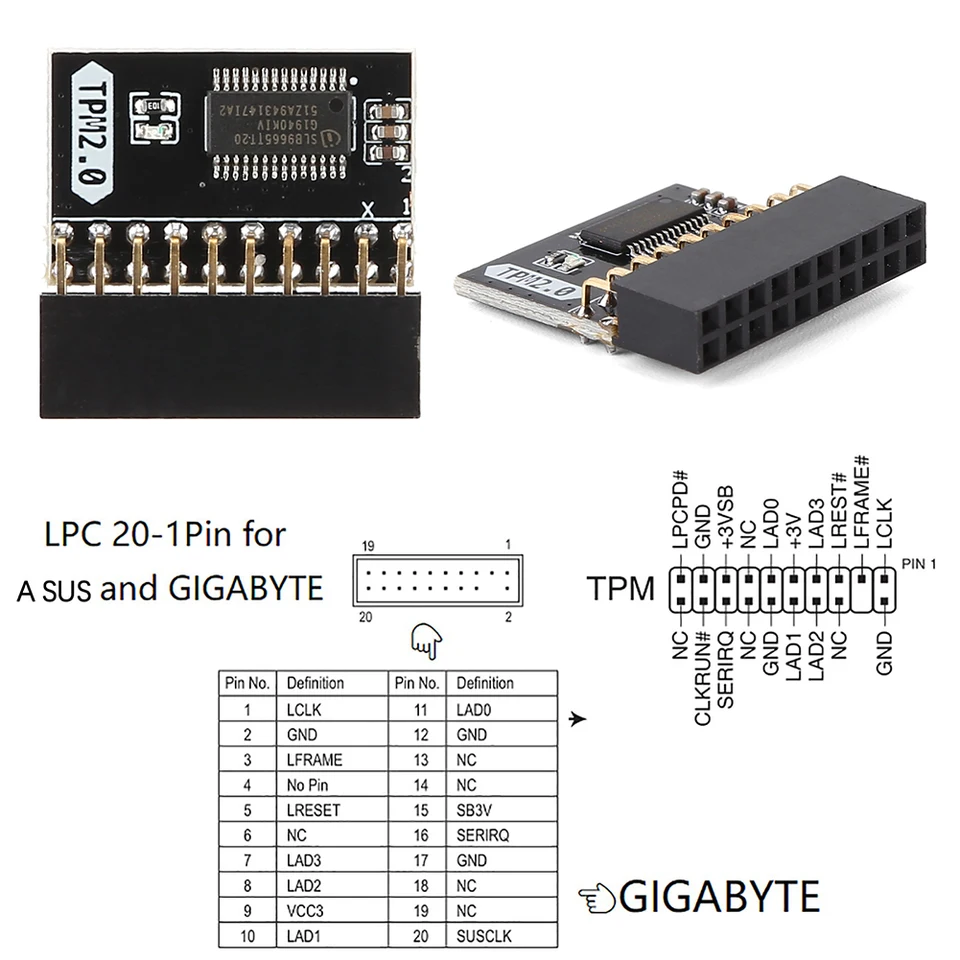 Module TPM 2.0 20 Broches Sécurité Cryptage Pour Carte Mère Gigabyte