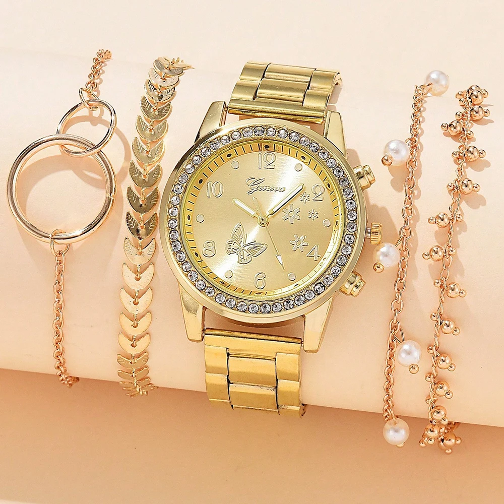 5PCS Quartz Watch Set Women Fashion Silver Round 3 Eyes Alloy Strap Wristwatch Gift Rhinestone Watch For Women Jewelry Set