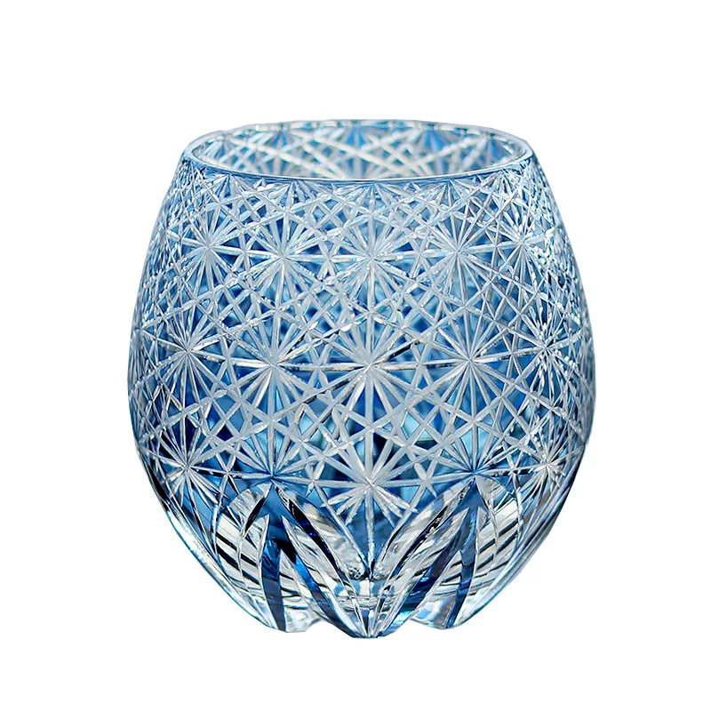 

Hand-carved Japanese whiskey crystal glass wine glass Edo cut seed medieval color blue daisy gift