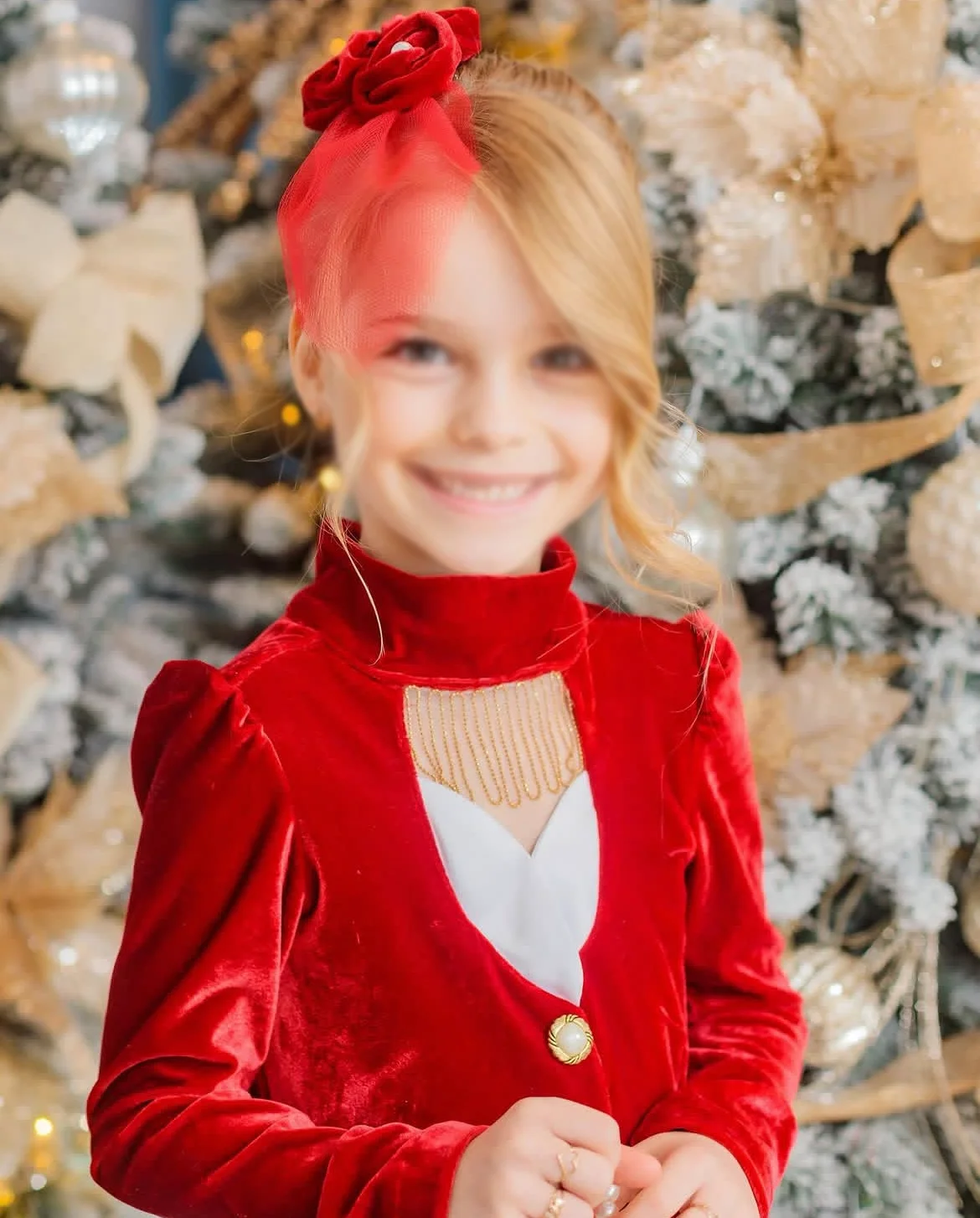 Winter Baby Girl Red Velvet Stand Collar Long Sleeve Dress for Christmas New Year Holiday Birthday Party  Photography C405