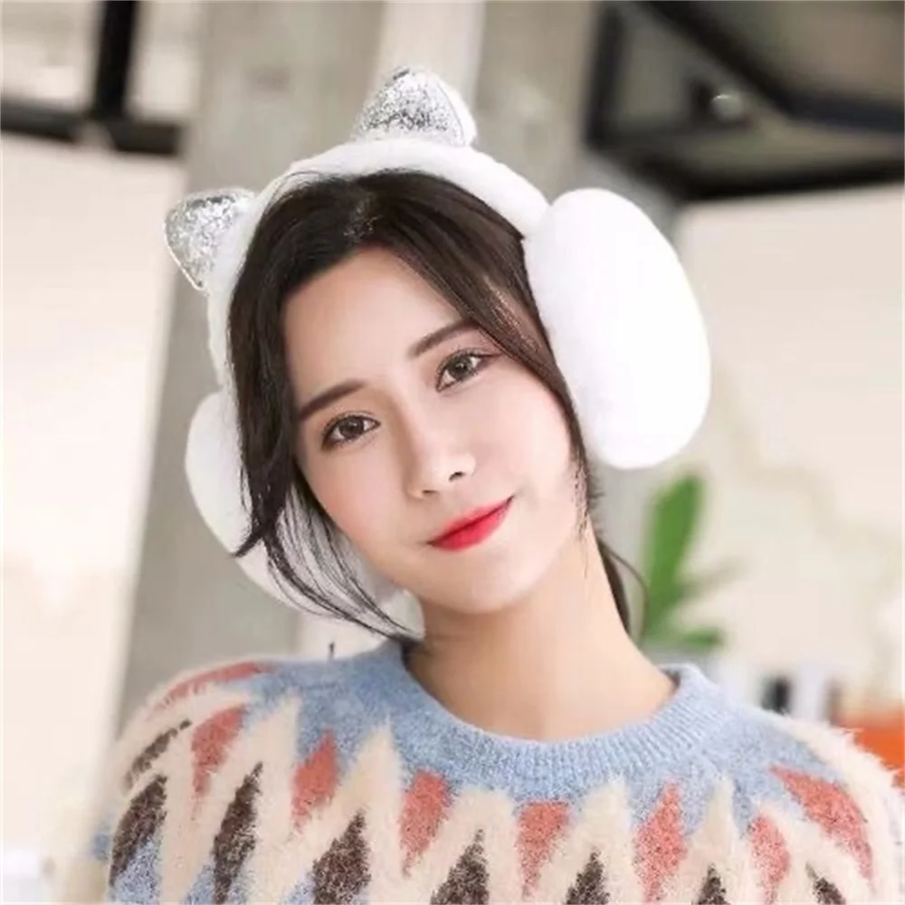 2023 New Sequin Plush Winter Warm Earmuffs Women Girls Cat Ears Fluffy Earflap Warmers Outdoor Earmuffs Fluffy Earflap Headband