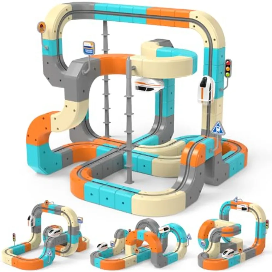 

Electric Train Set for 3-8 Years: 3D Flexible Race Track, ABS Plastic, Blue/Red, Gravity-Defying Rail Building with Motorized C
