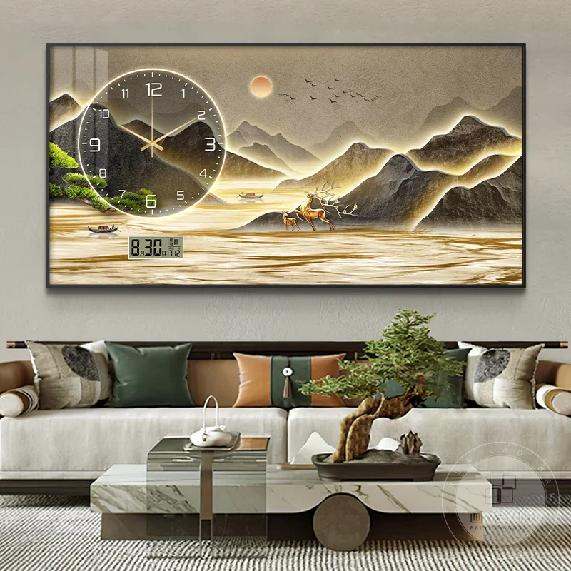 New Home Decor Wall Clock Living Room Decoration Landscape Painting Perpetual Calendar Timepiece Wall Decoration