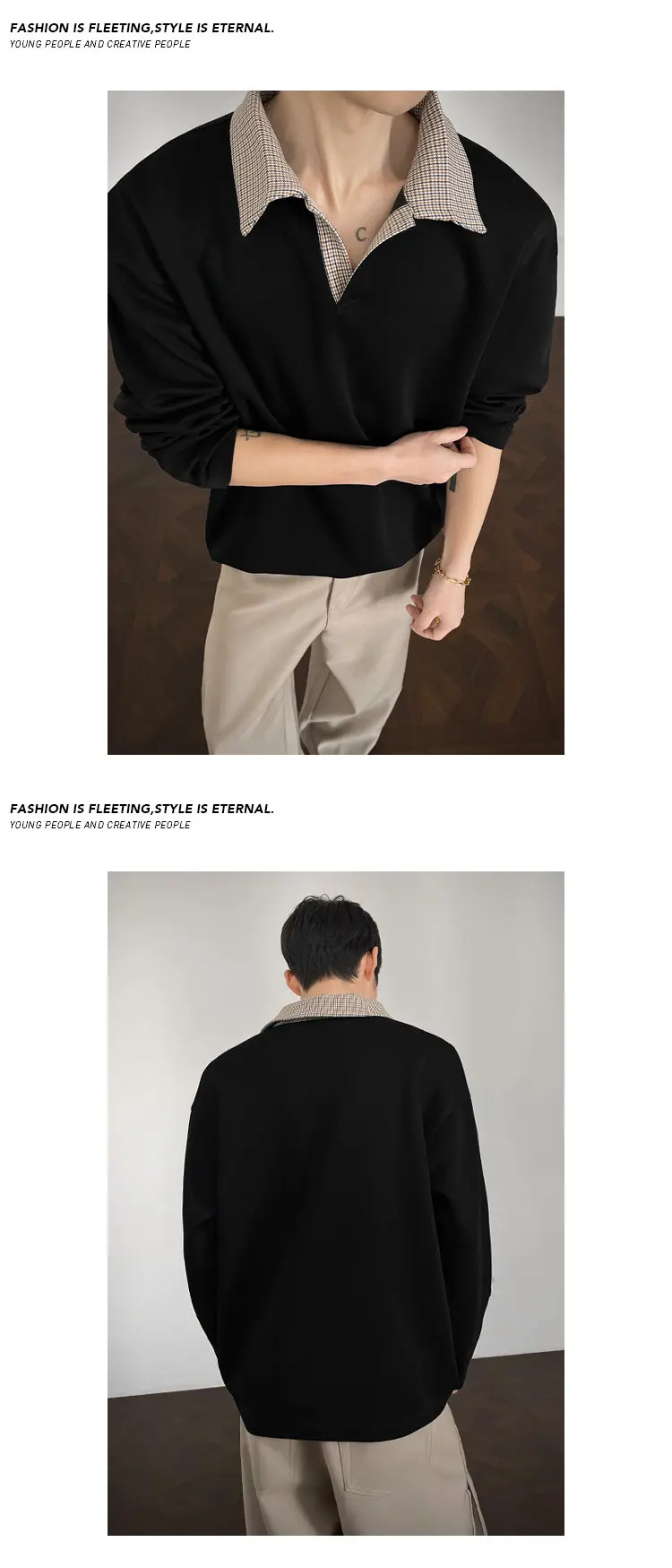 Herren-Poloshirt für den Herbst mit gespleißtem Karokragen, langen Ärmeln, aus weichem Strickstoff, entspannter Silhouette für Outdoor-Reisen. – Detail 13