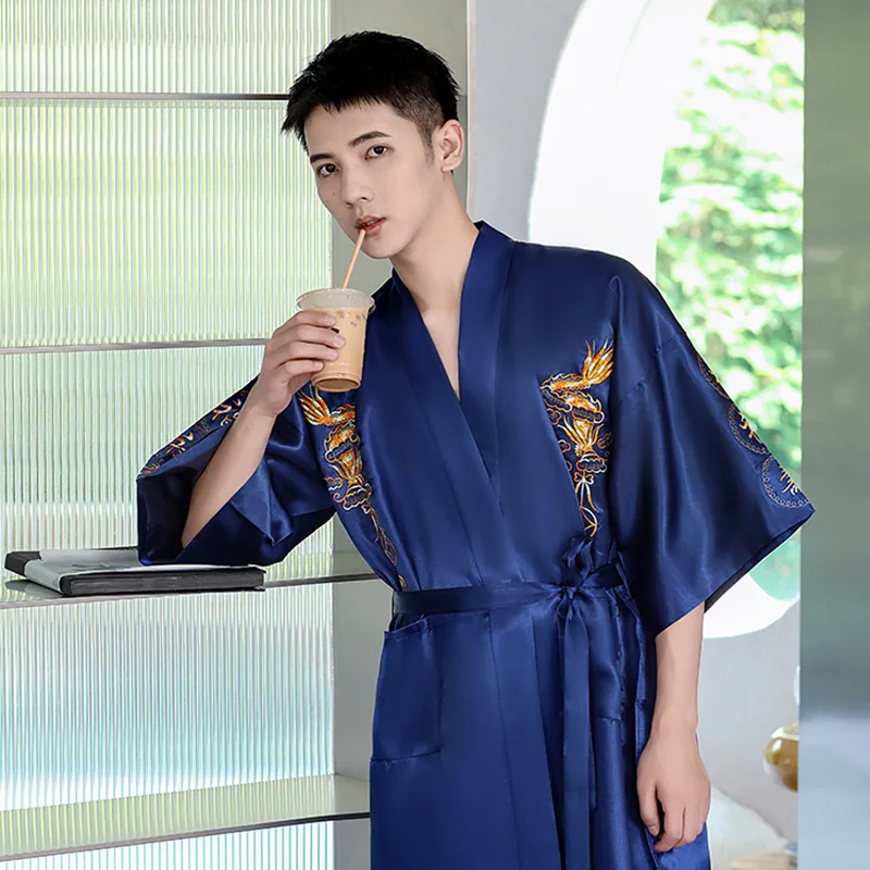 Male Spring Autumn Satin Robe Fashion Traditional Chinese Style Nightwear Dragon Patterned Casual Sleepwear Lingerie Bathrobe