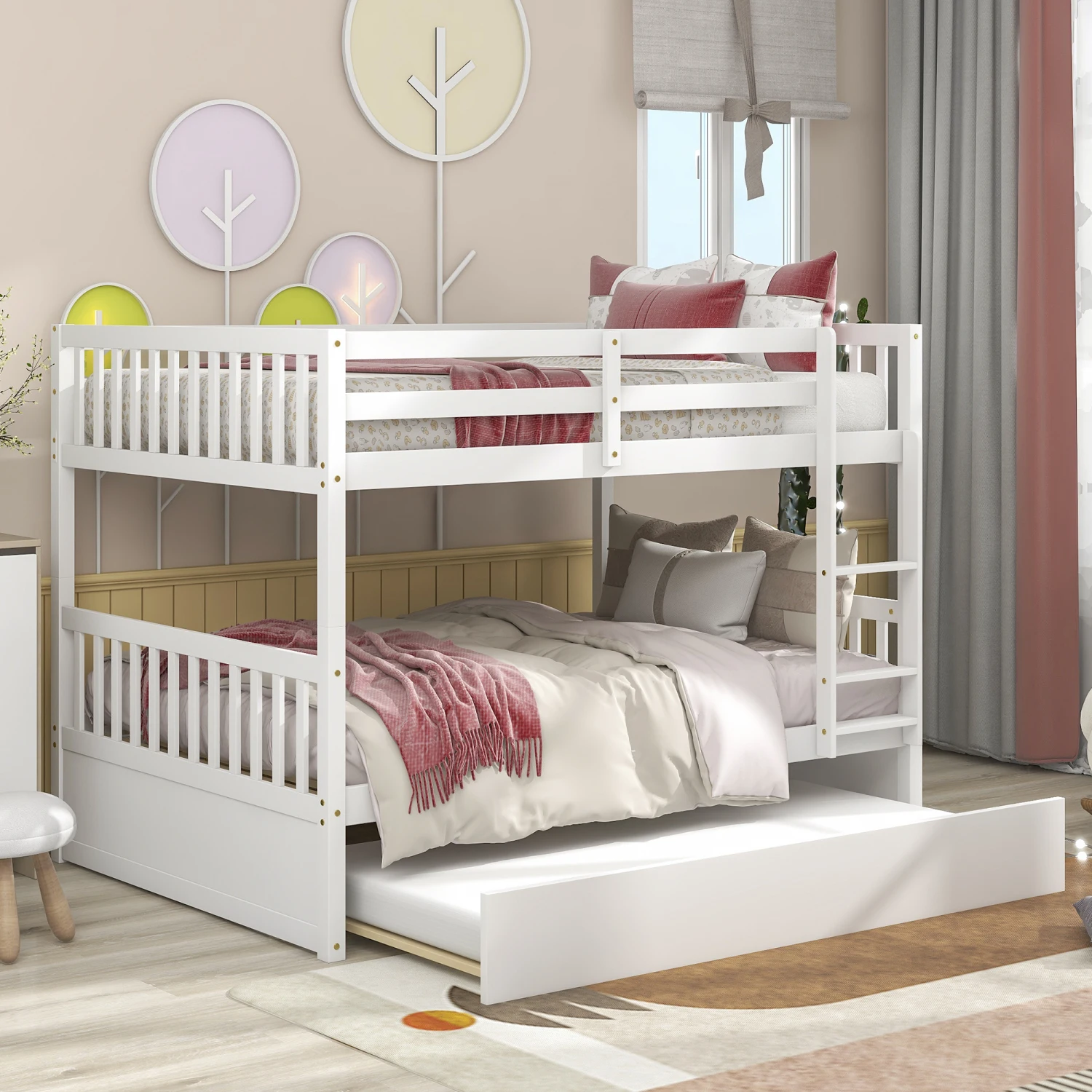 

Full Over Full Bunk Bed with Trundle, Convertible to 2 Full Size Platform Bed, Full Size Bunk Bed with Ladder and Safety Rails f