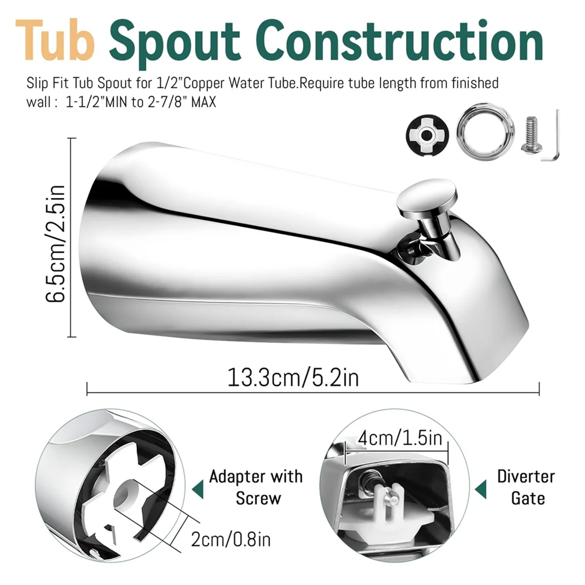 Bica de banheira ABJZ com desviador, torneira de banheira de banheiro com anel de cobertura de bico de banheira, cabe em tubo de água de cobre de 1/2 pol. (5/8 pol. de diâmetro)