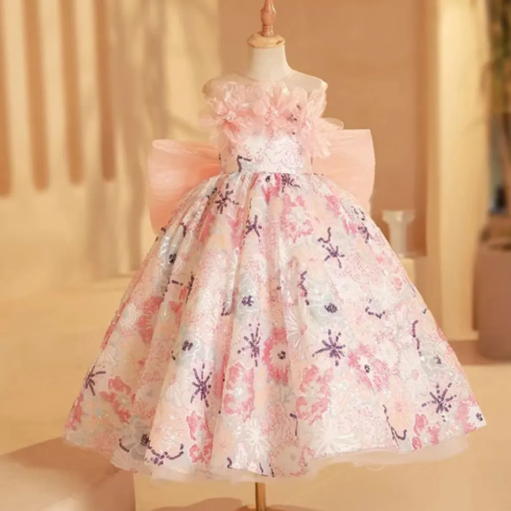 

Jill Wish Luxury Pink Flower Girl Dress Beads Arabic Princess Bow Kids Wedding Birthday Party Ball Gown Holy Communion 2024 J247