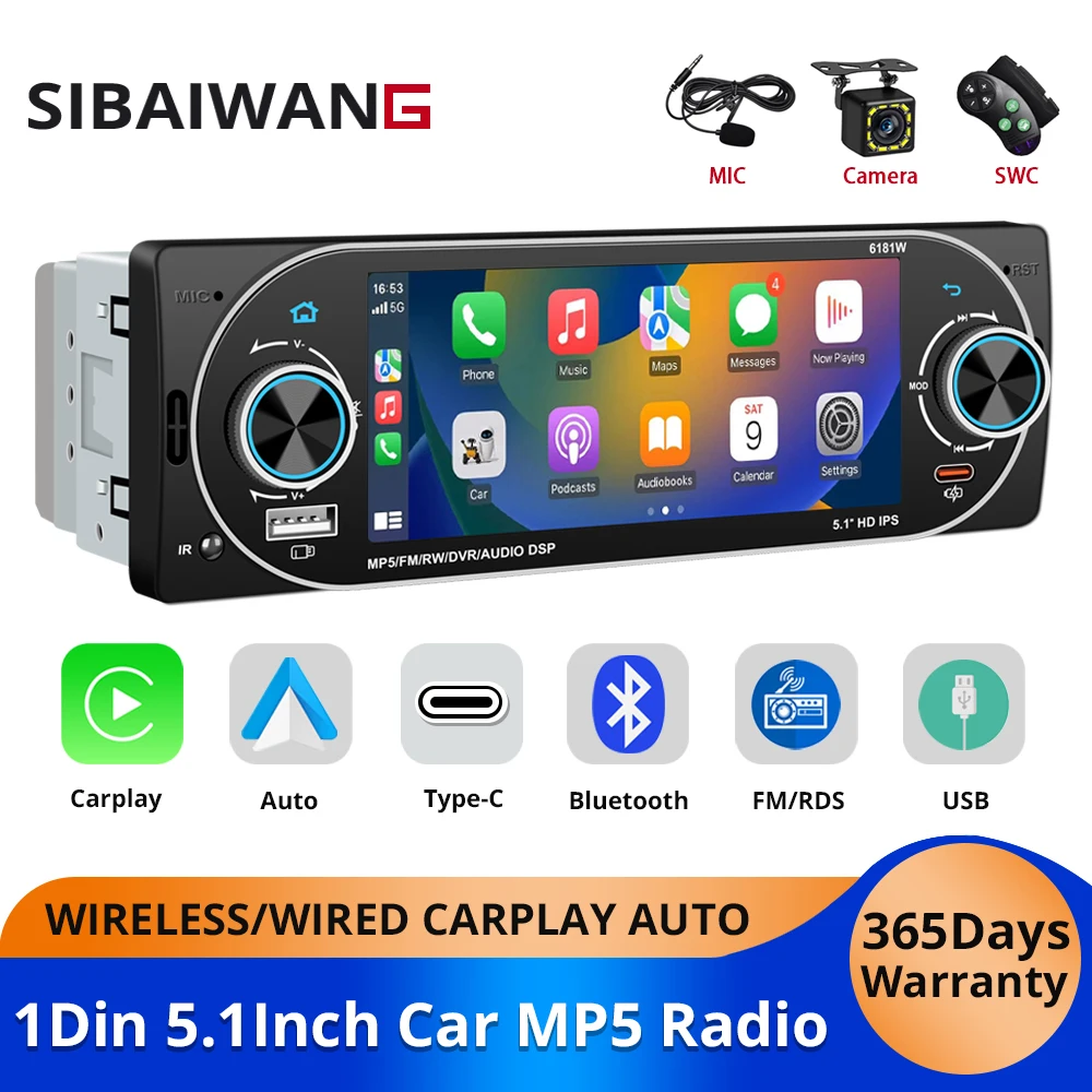 

5.1Inch 1Din Car Radio MP5 IPS HD Player Support Wireless Carplay Android Auto Bluetooth FM AM RDS Stereo USB WIFI Video Player