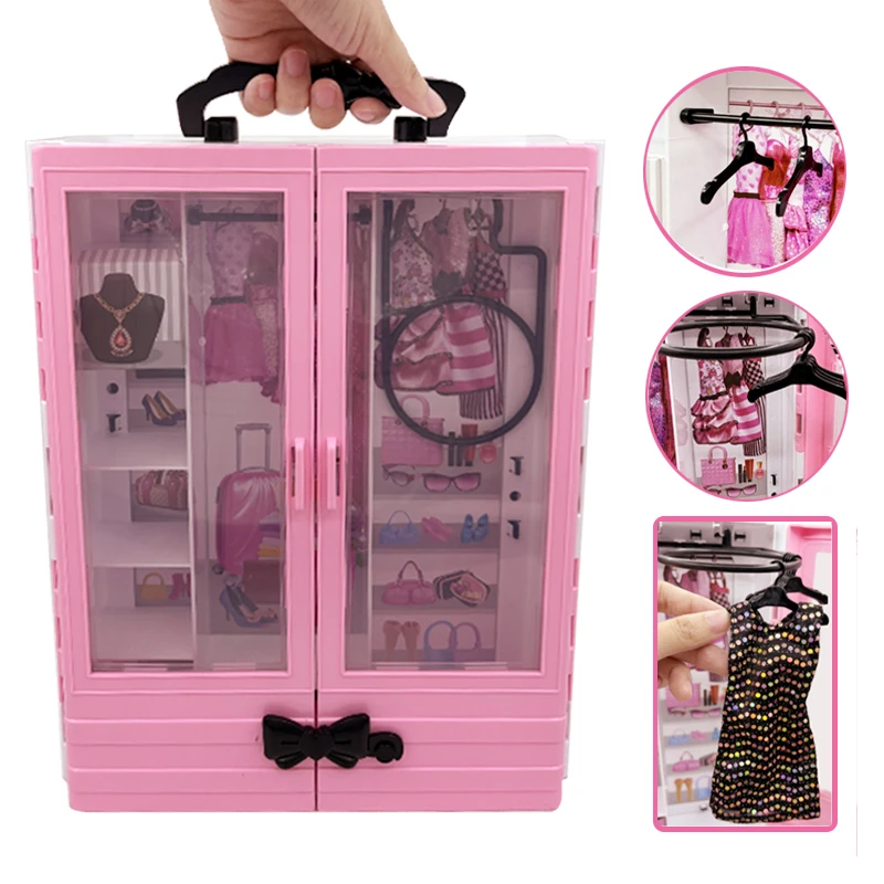 Pink Wardrobe with 10pcs Hangers Playset Doll Accessories Fashion Toys Fold-out Rack Portable Closet Birthday Christmas Gift