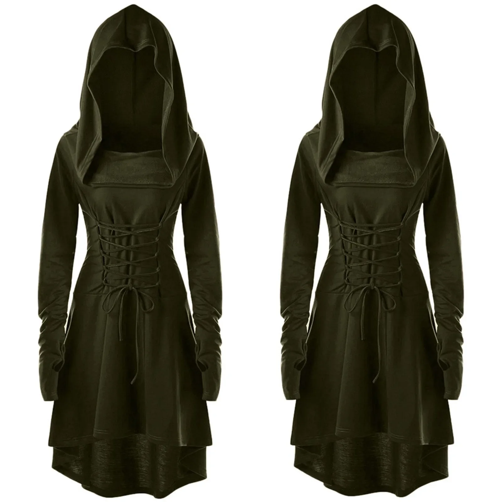 

Vintage Women's Cosplay Costume Medieval Lace-Up Hooded Pullover Victorian Dress Style Casual High-Low Bandage Maxi Dress Cape