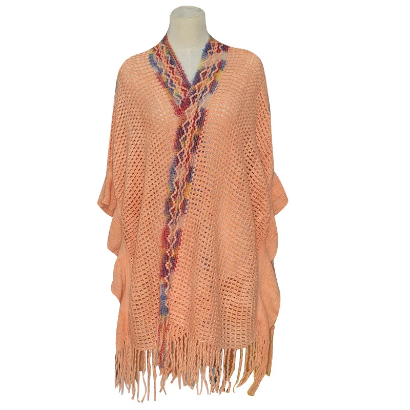 Poncho Tassel Knitted Ethnic style shawl new spring and summer thin style air-conditioned room office outdoor shawl women Cape N