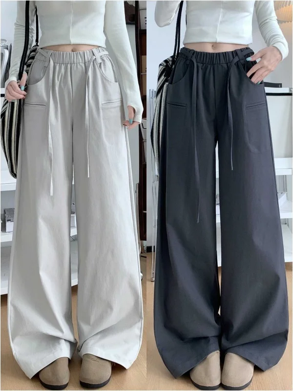 High Waist Drawstring Wide Leg Pants Women's Simple Loose Slimming Drapey Casual Long Trousers Korean Style Straight Leg Pants