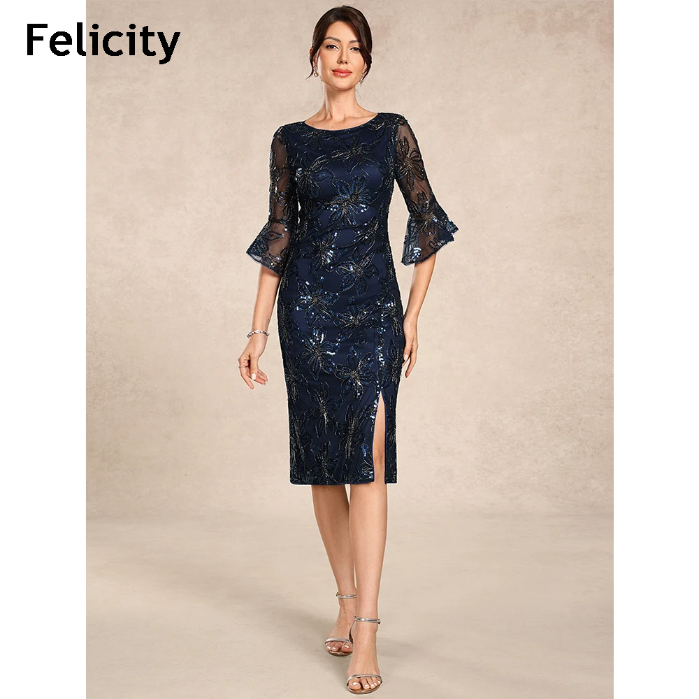 Navy Blue Lace Mother of the Bride Dress 2026 Short Sleeve Sheath Formal Wedding Guest Dress Sexy Midi Evening Party Gown Custom