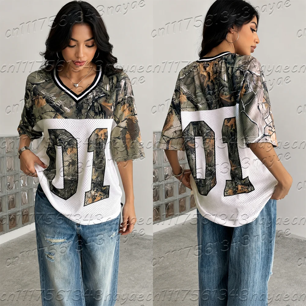 2026 Summer Women's V-Neck Camouflage Letter Print Sport Quick-Drying T-Shirt Breathable Mesh Loose Short-Sleeved Shoulder Top